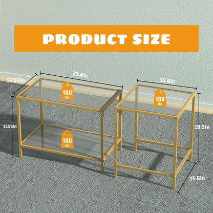 Couchtisch 2er Set Quadratisch Glas Gold 60/40 cm