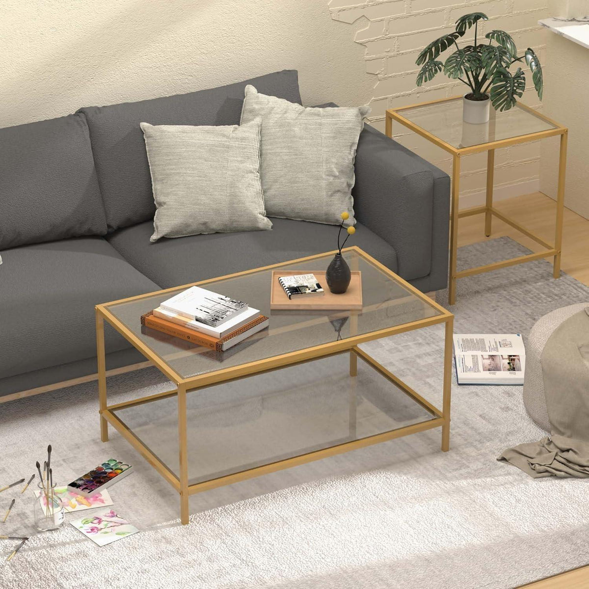 Couchtisch 2er Set Quadratisch Glas Gold 60/40 cm