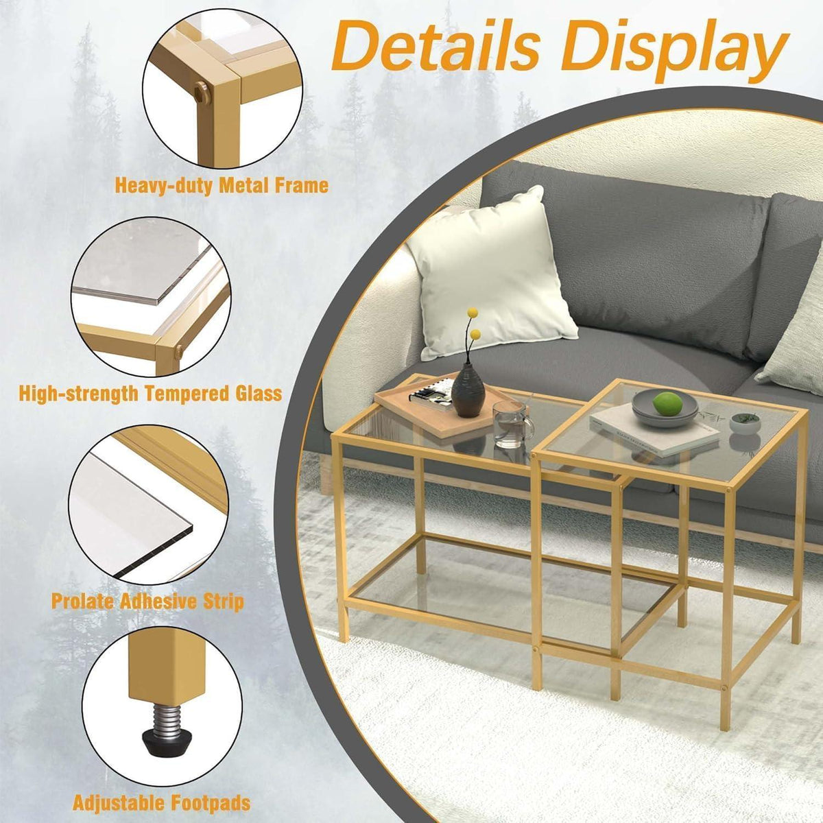 Couchtisch 2er Set Quadratisch Glas Gold 60/40 cm