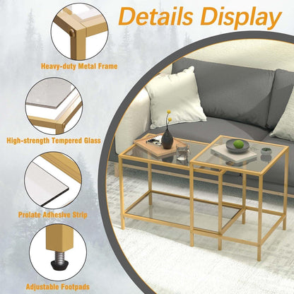 Couchtisch 2er Set Quadratisch Glas Gold 60/40 cm