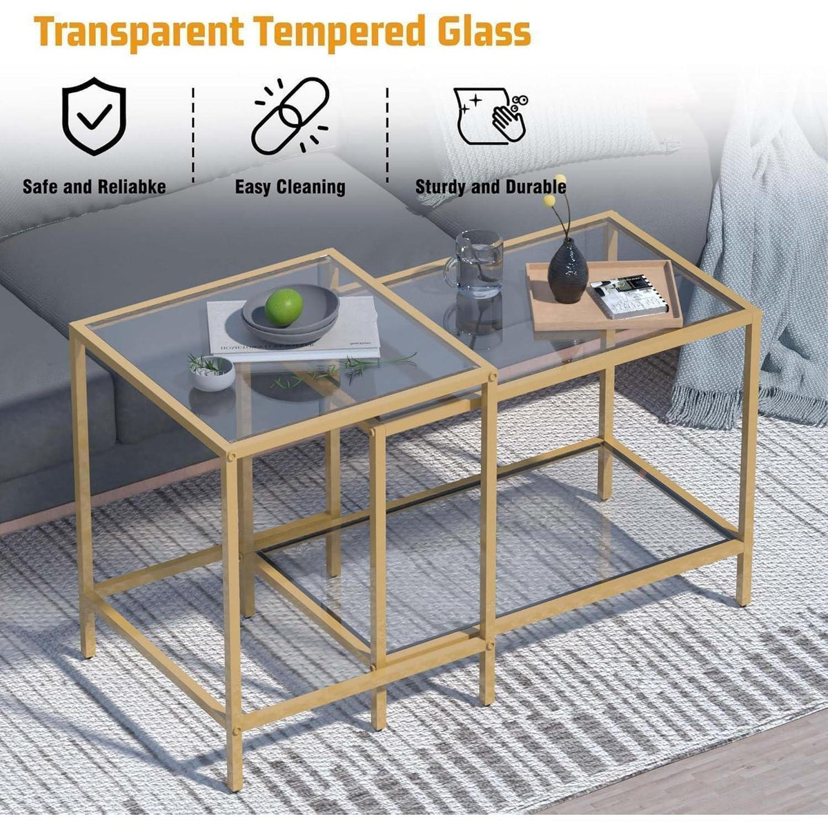 Couchtisch 2er Set Quadratisch Glas Gold 60/40 cm
