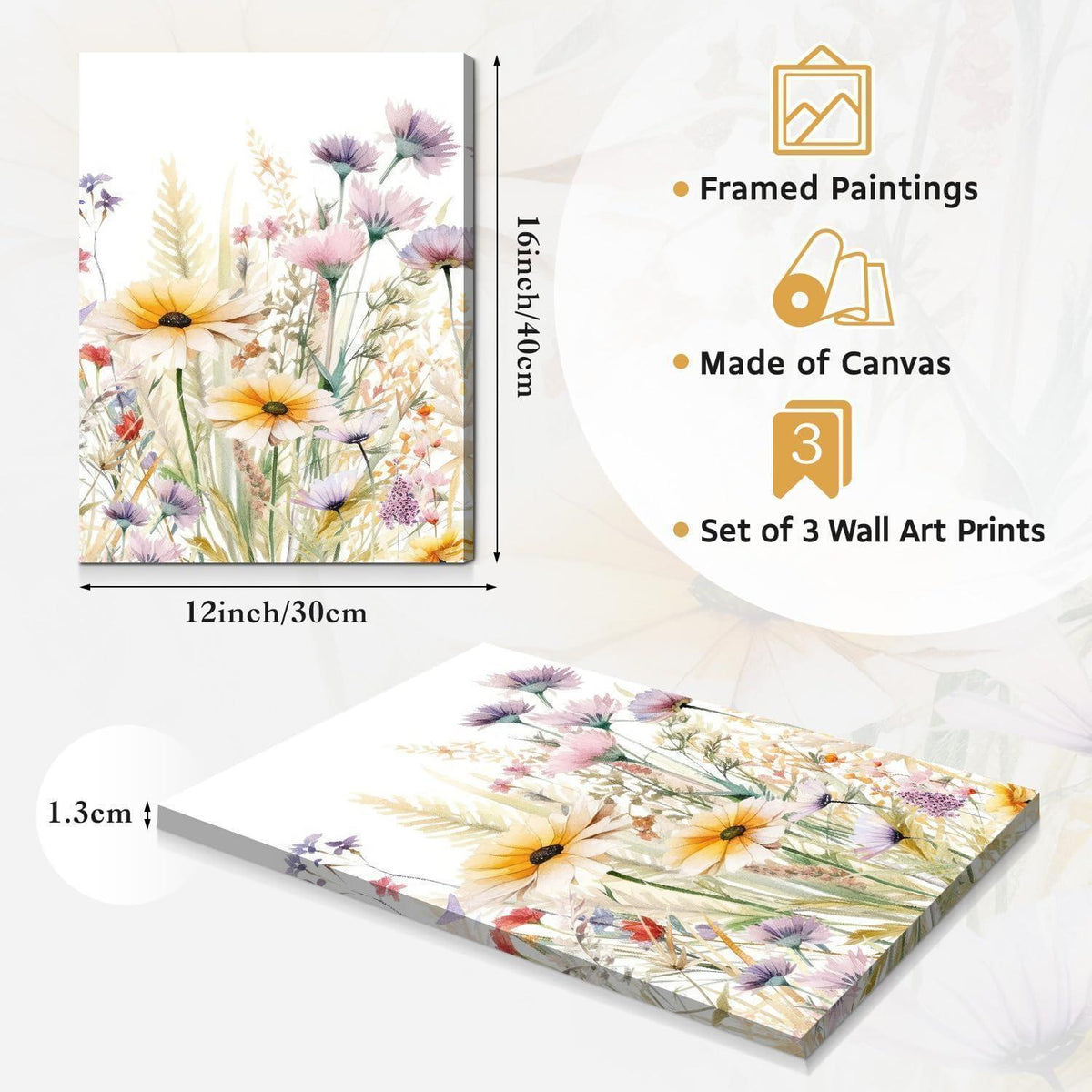 Gerahmte Wildblumen Wandkunst 3er Set | Aquarell Blumenbild