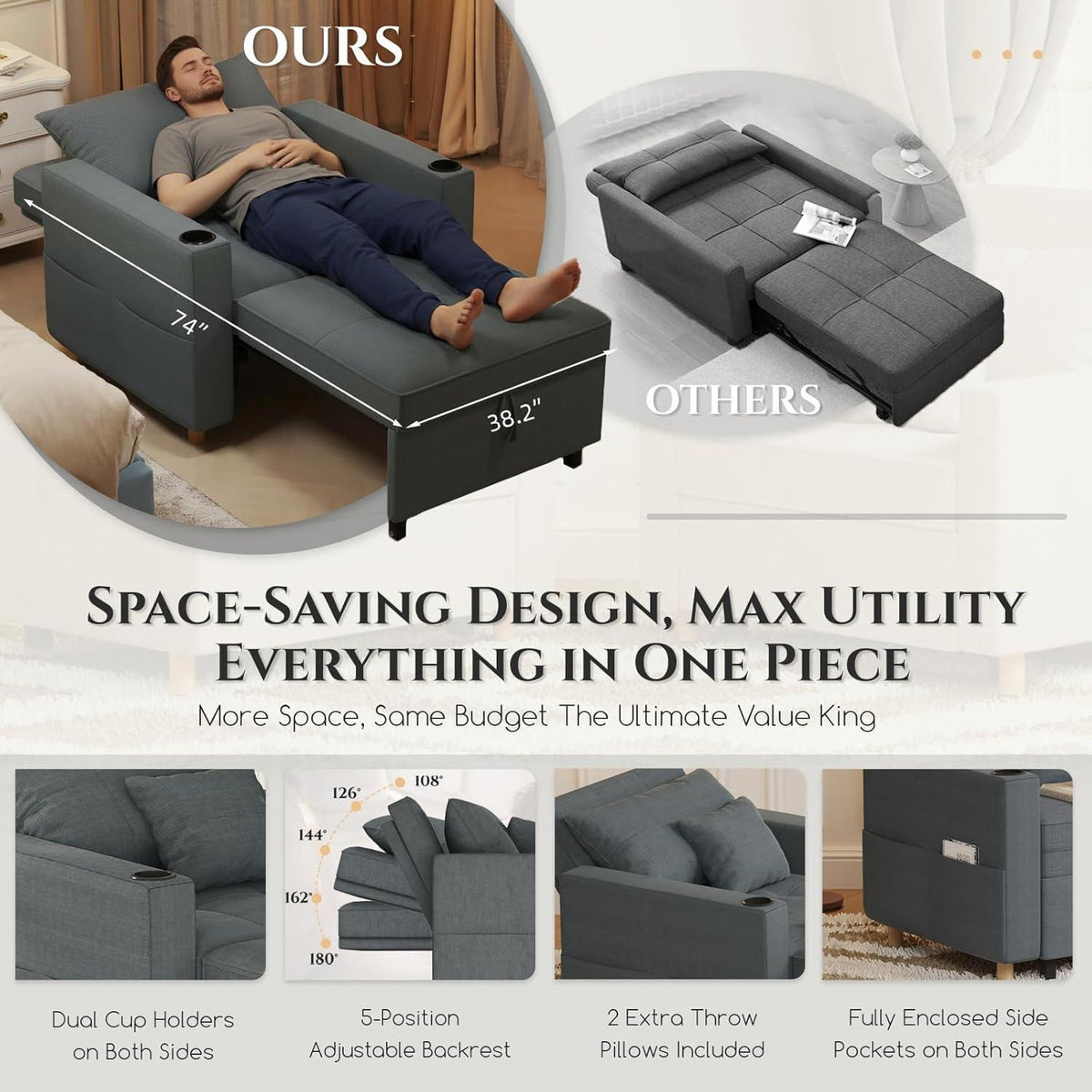Extrabreites Schlafsofa 97cm – 3-in-1 Schlafsessel mit Bettkasten
