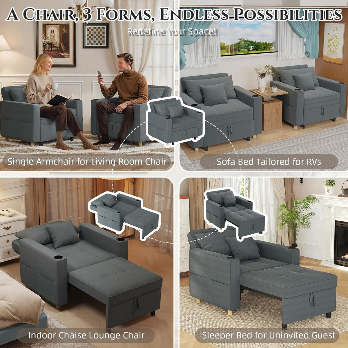 Extrabreites Schlafsofa 97cm – 3-in-1 Schlafsessel mit Bettkasten