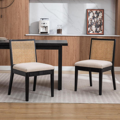 Esszimmerstühle 2er Set Leinen & Rattan Vintage Schwarz
