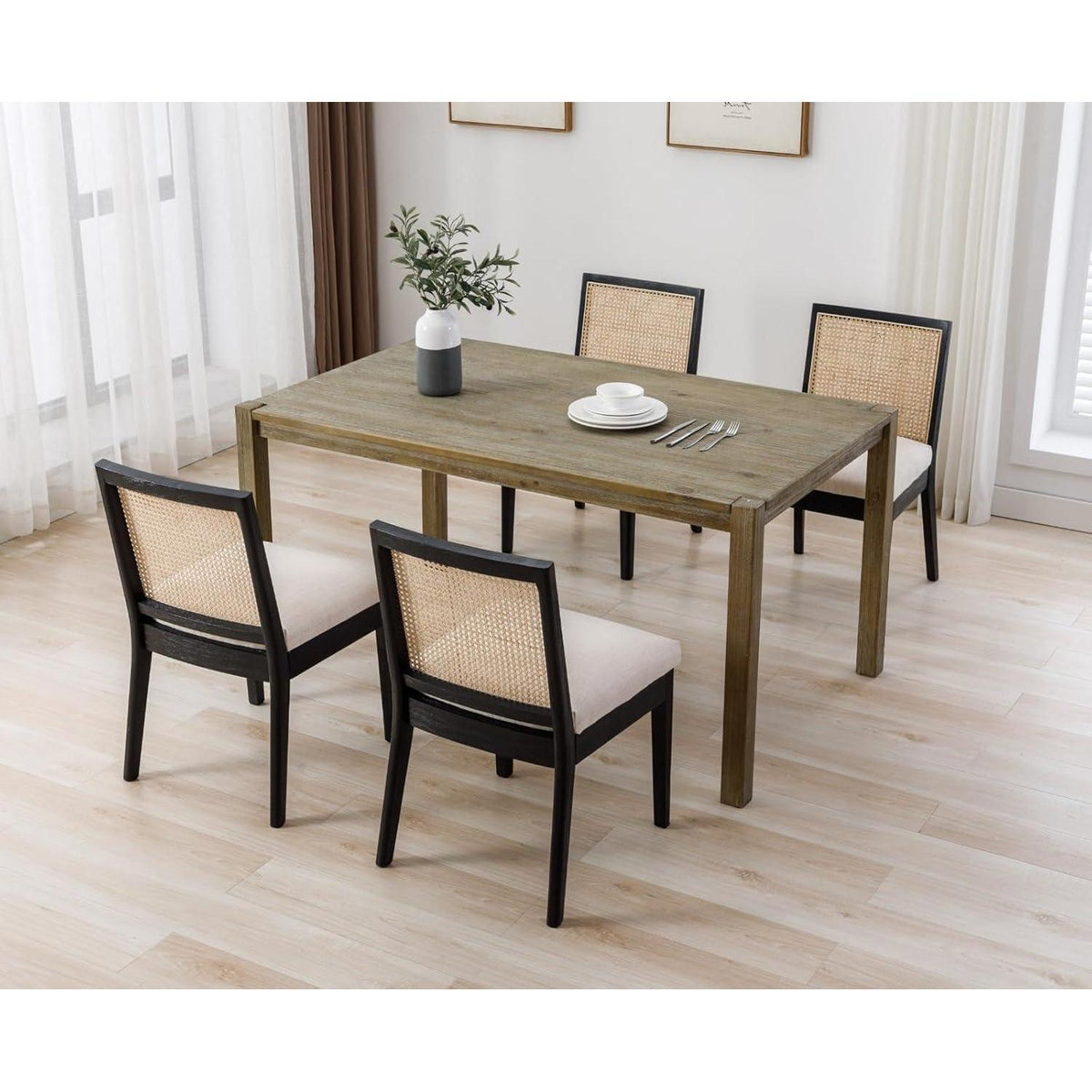 Esszimmerstühle 2er Set Leinen & Rattan Vintage Schwarz