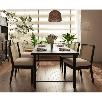 Esszimmerstühle 2er Set Leinen & Rattan Vintage Schwarz