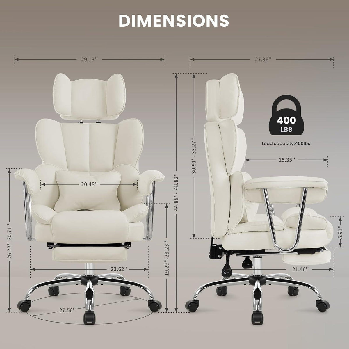 Ergonomischer Bürostuhl mit Fußstütze & Lendenwirbelstütze (Creme)