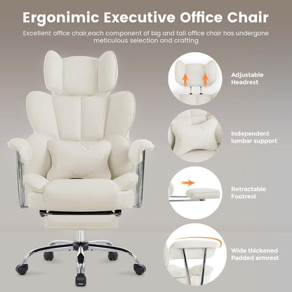 Ergonomischer Bürostuhl mit Fußstütze & Lendenwirbelstütze (Creme)