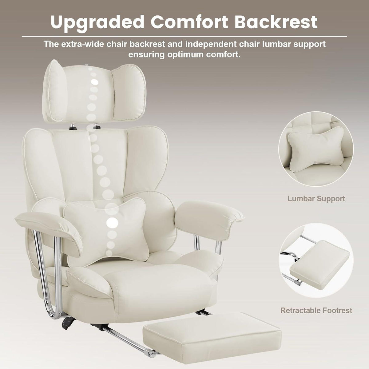 Ergonomischer Bürostuhl mit Fußstütze & Lendenwirbelstütze (Creme)