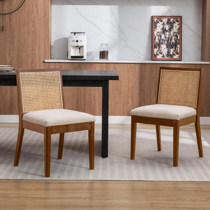 Esszimmerstühle 2er Set Leinen & Rattan Vintage Braun