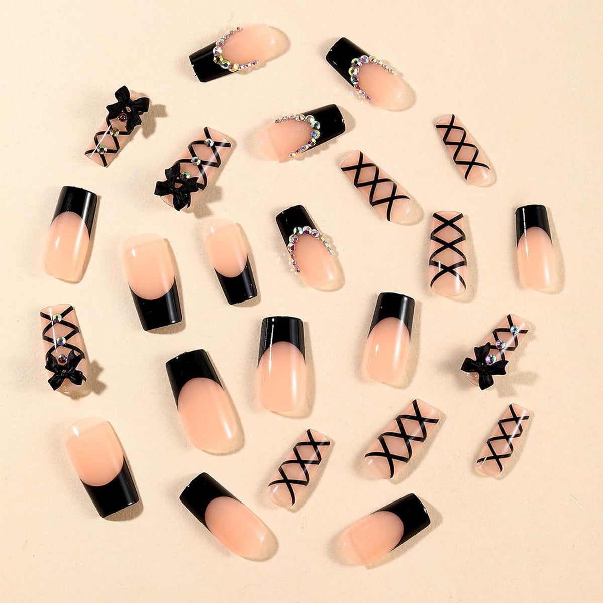 24 Schwarz French Press on Nails Lang mit Schleifen & Strass