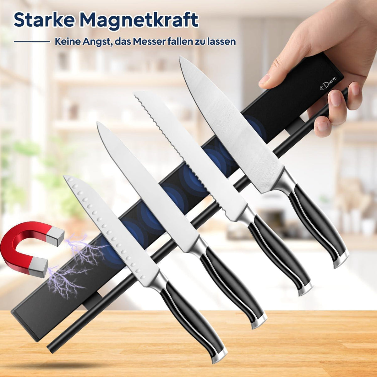 Magnetische Messerleiste mit 10 Haken, 50cm, Schwarz