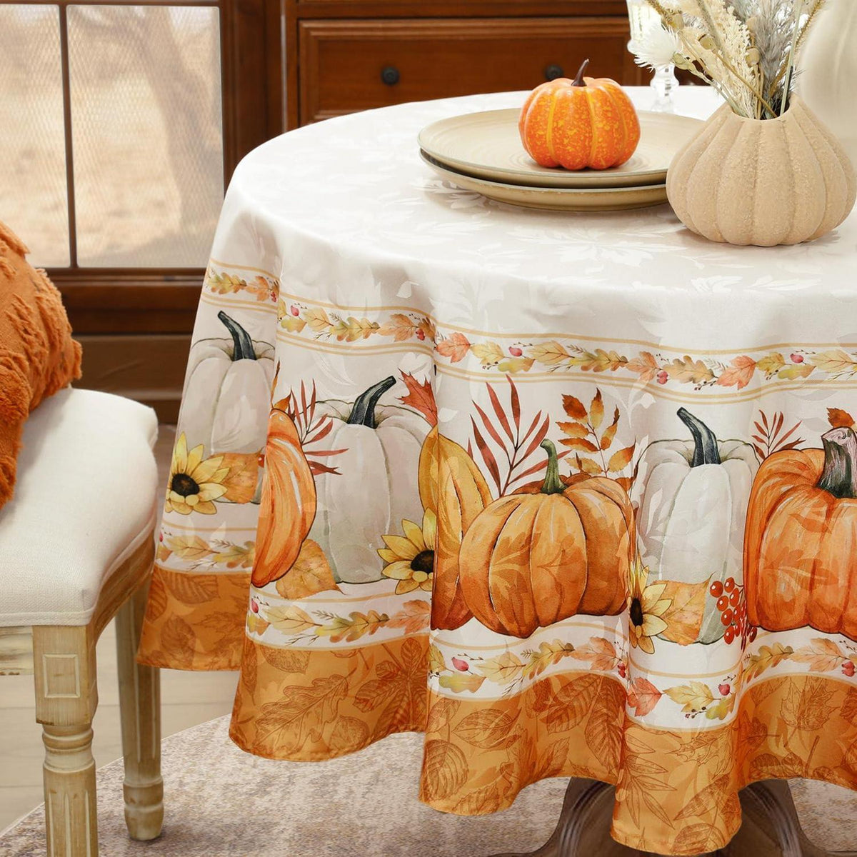 Herbst Tischdecke Rund 160 cm Orange | Jacquard & Wasserabweisend