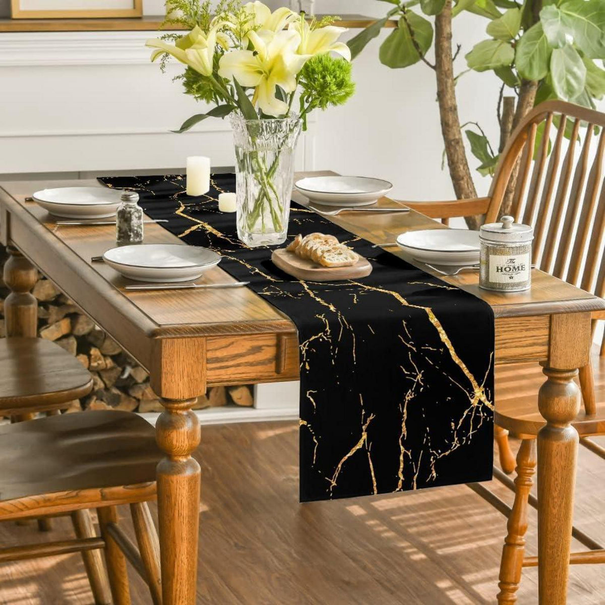 Tischläufer 240x40 cm | Abwaschbar, Schwarz Gold, Modern & Elegant