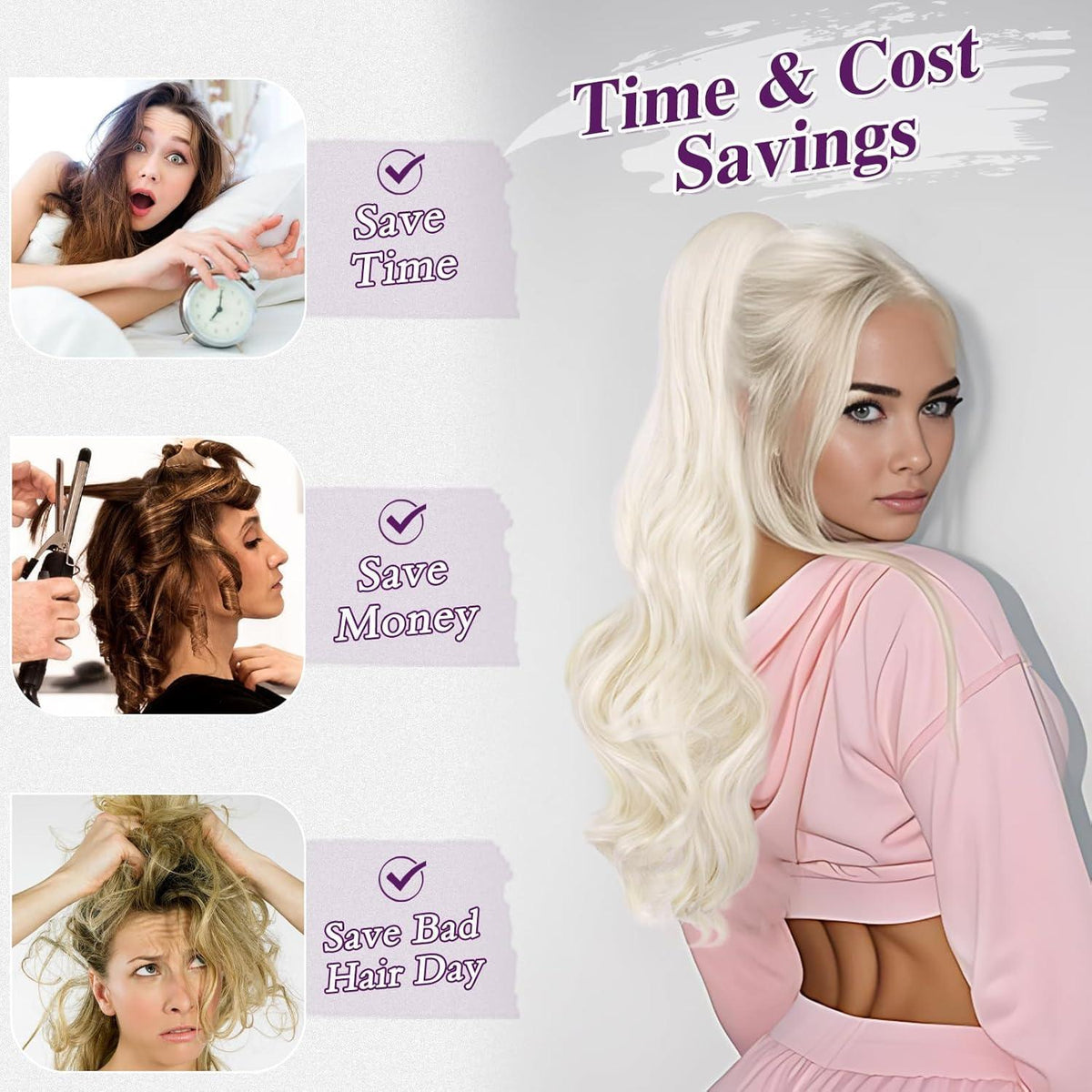 Lockiger Pferdeschwanz 50cm – Platinblond Haarverlängerung mit Clip