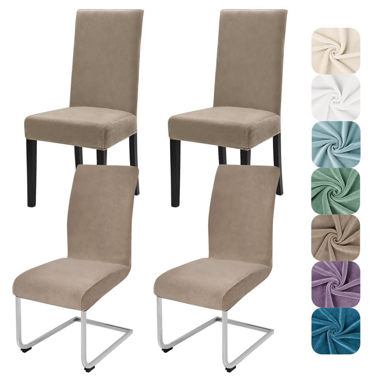 Stretch Samt Stuhlhussen Set – Khaki, 4 Stück