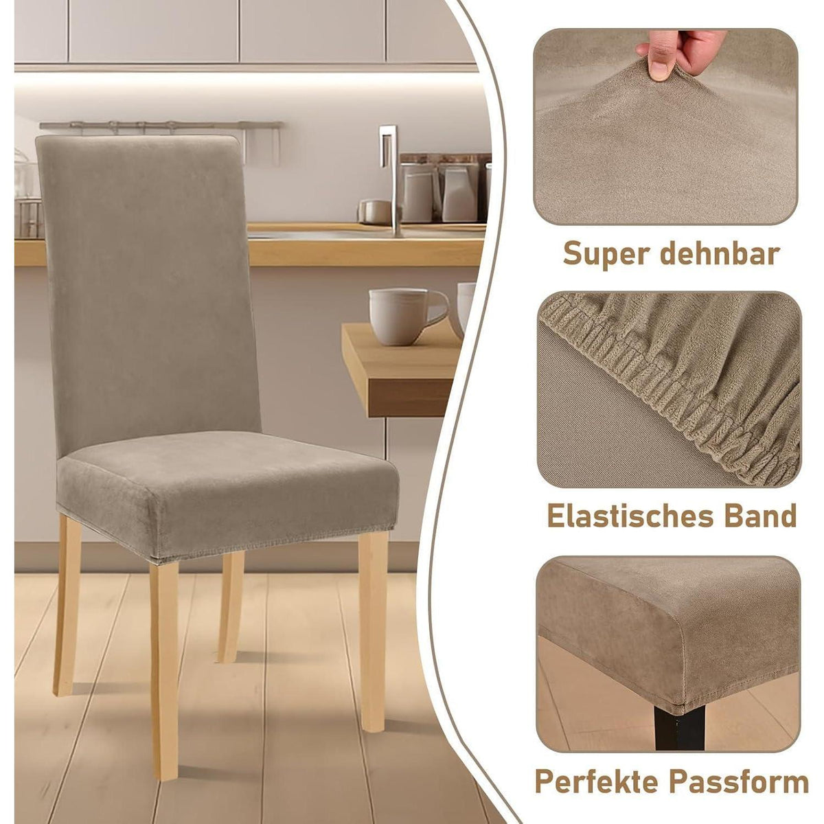 Stretch Samt Stuhlhussen Set – Khaki, 4 Stück