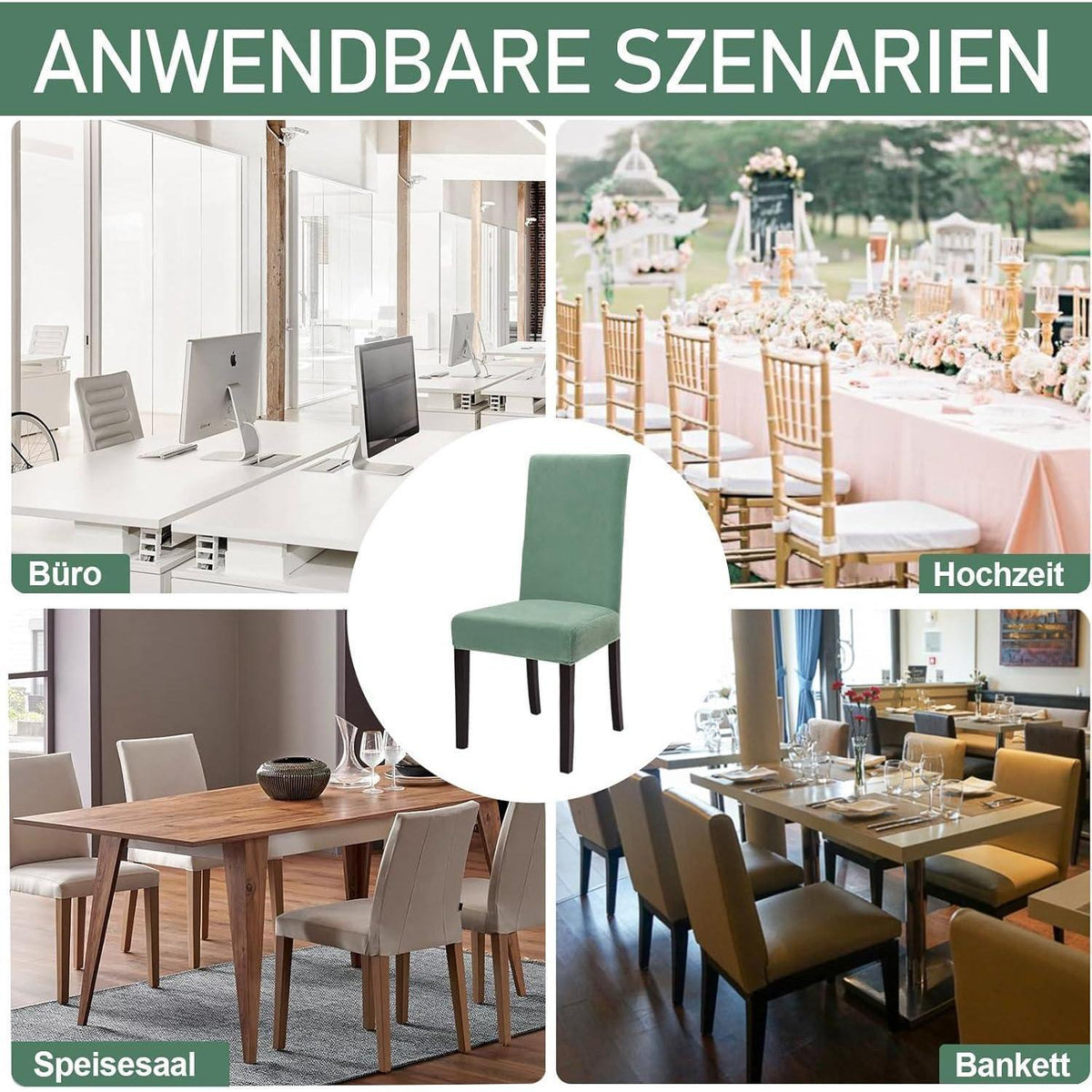 Stretch Samt Stuhlhussen Set - Bohnengrün (4 Stück)