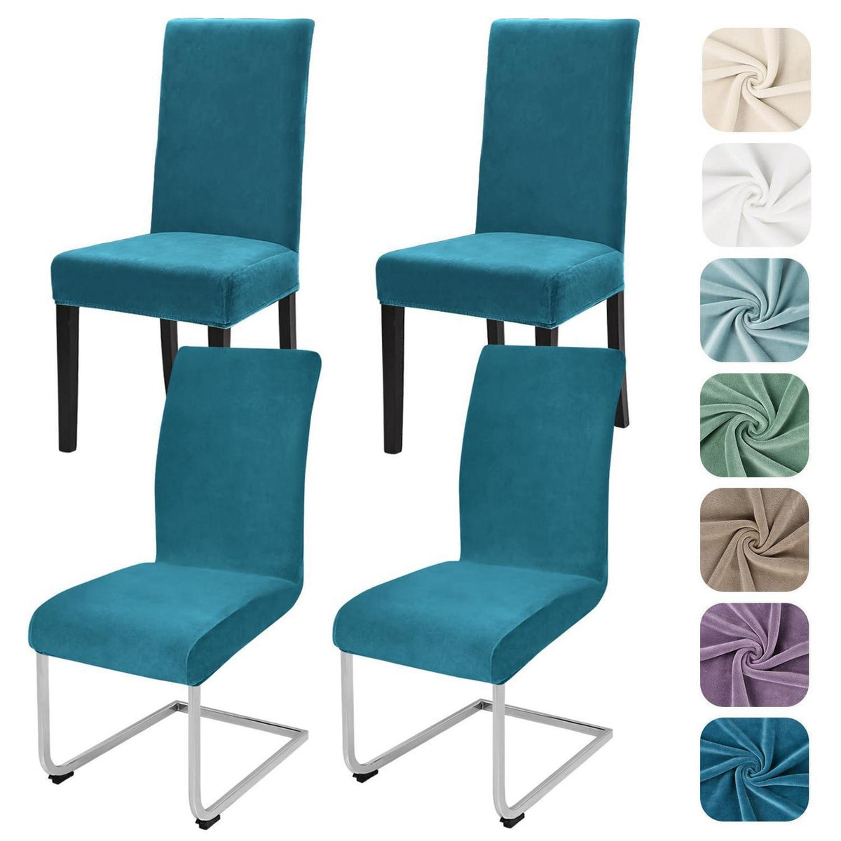 Stretch Samt Stuhlhussen 4er Set – Pfaublau