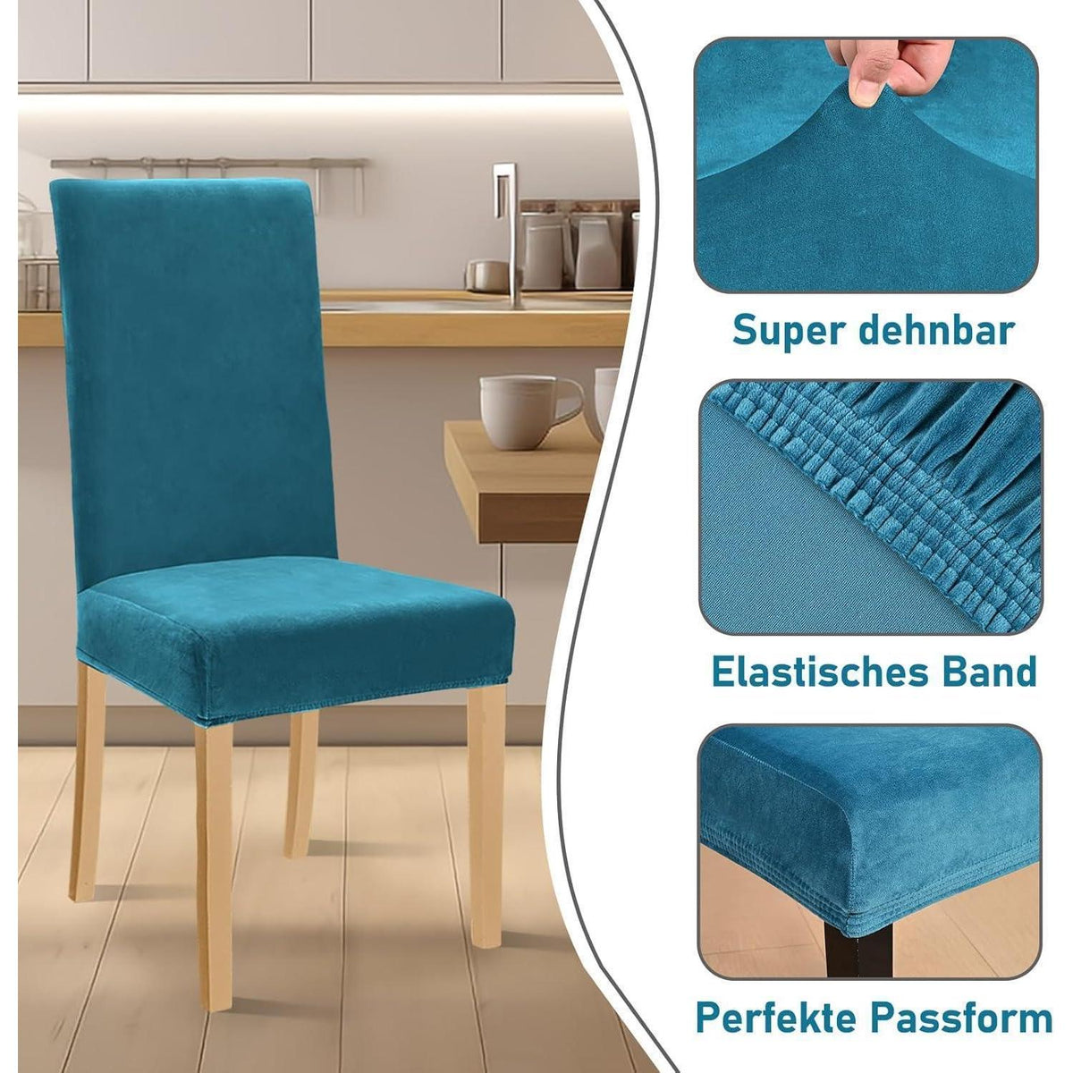 Stretch Samt Stuhlhussen 4er Set – Pfaublau