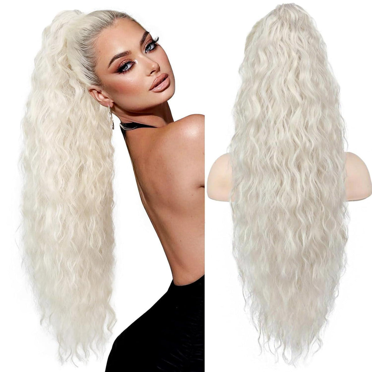 Langer, gewellter Pferdeschwanz mit Klammer – Platinblond (75cm)