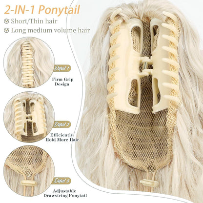 Langer, gewellter Pferdeschwanz mit Klammer – Platinblond (75cm)
