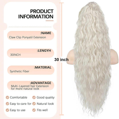 Langer, gewellter Pferdeschwanz mit Klammer – Platinblond (75cm)