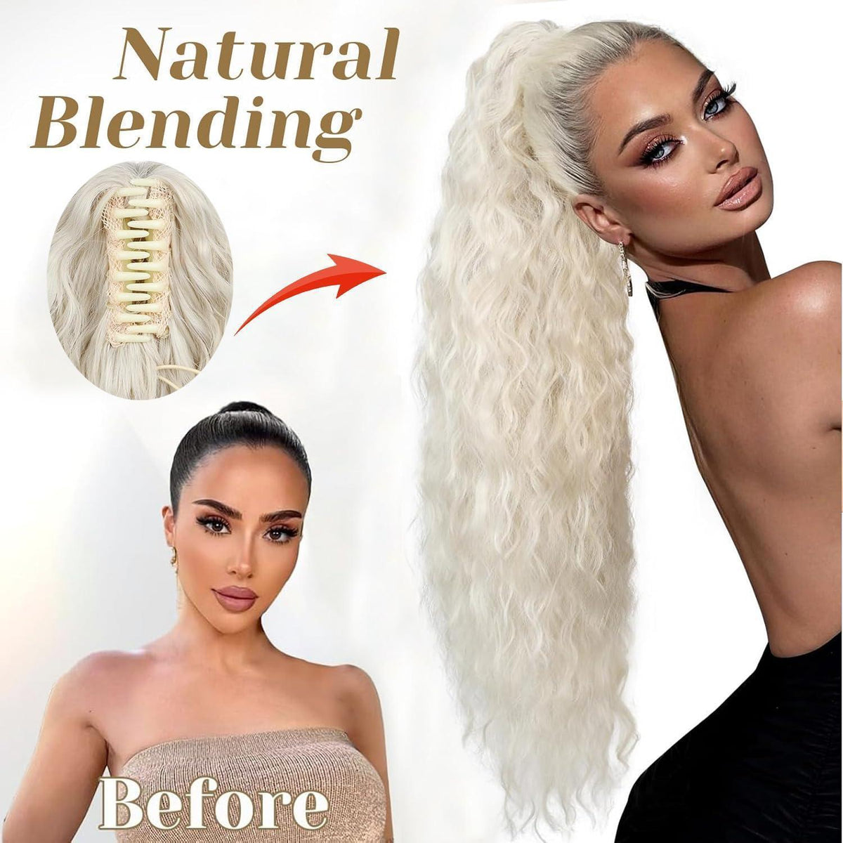 Langer, gewellter Pferdeschwanz mit Klammer – Platinblond (75cm)