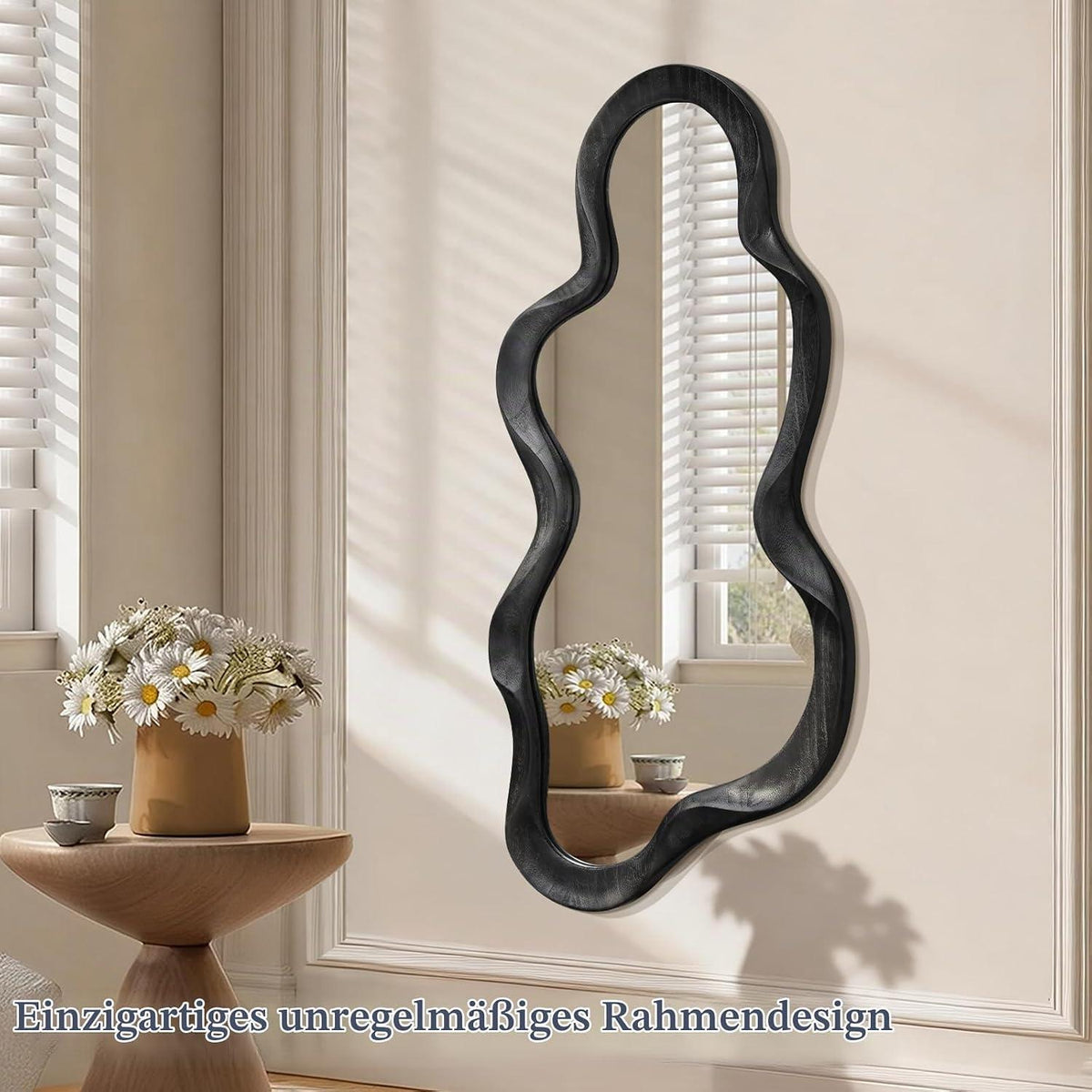 Asymmetrischer Wandspiegel Schwarz mit Holzrahmen – 76x36 cm