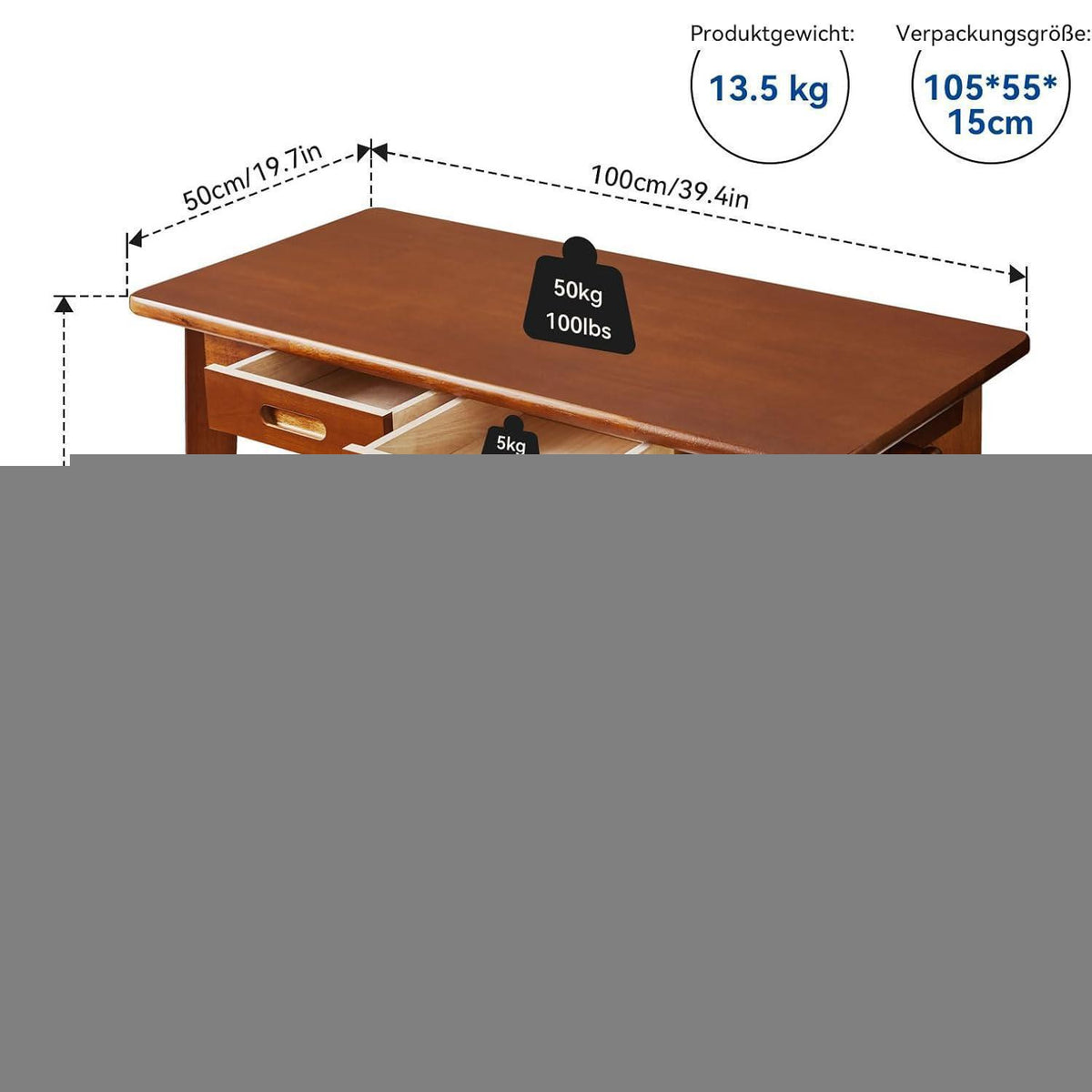 Massivholz Schreibtisch mit Schubladen und Kleiderstange, Rustikales Braun