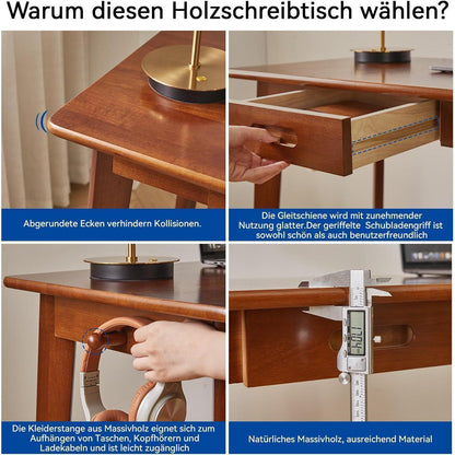 Massivholz Schreibtisch mit Schubladen und Kleiderstange, Rustikales Braun