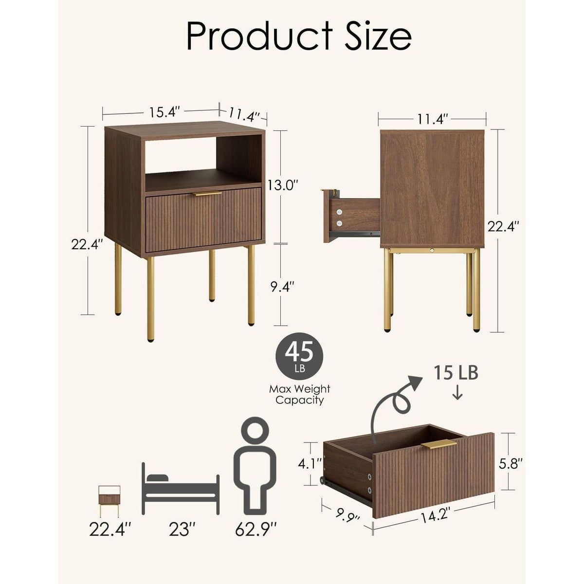 Nachttisch mit Schublade und Ablage, Nussbaum, Modern Boho