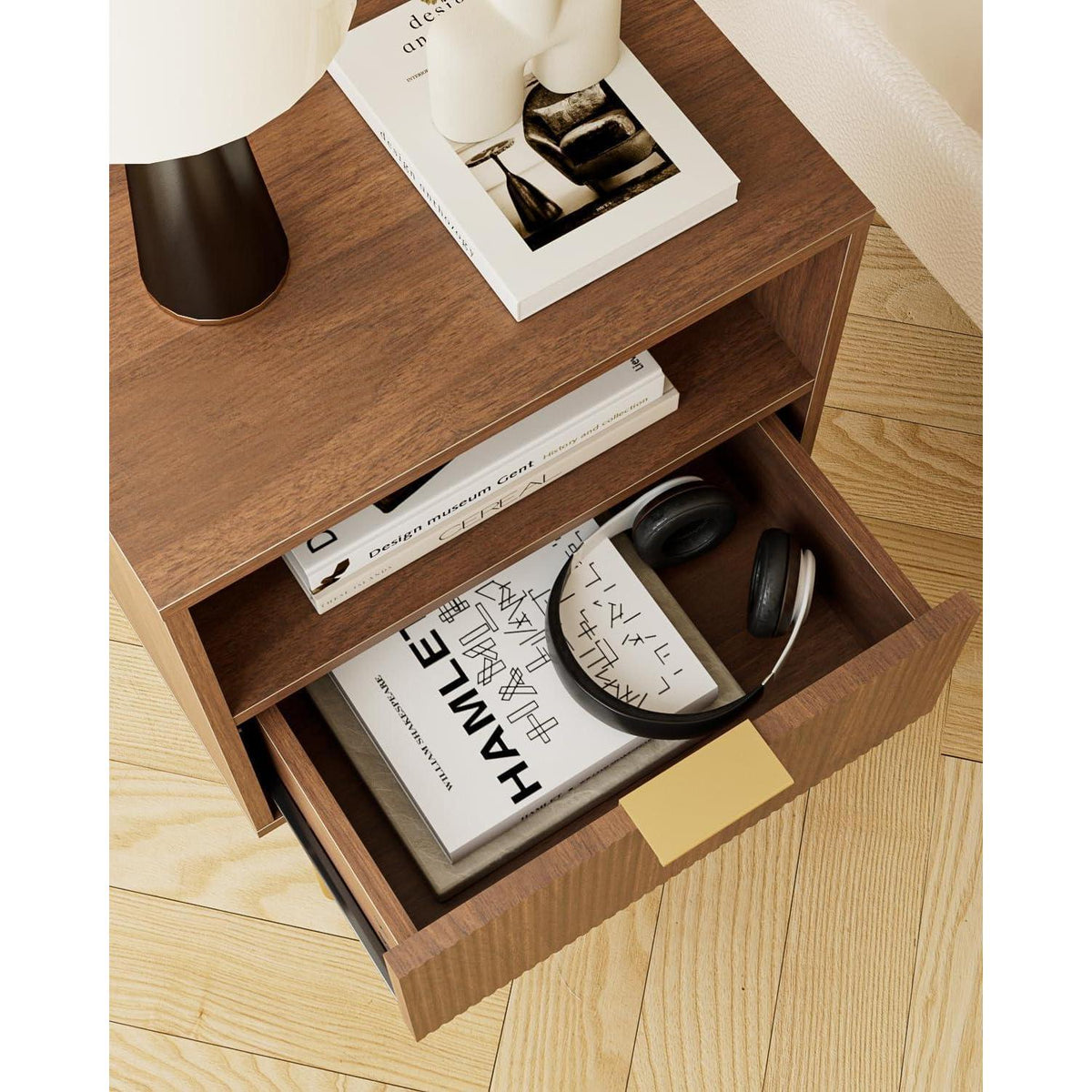 Nachttisch mit Schublade und Ablage, Nussbaum, Modern Boho
