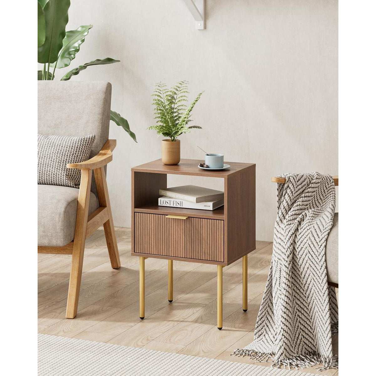 Nachttisch mit Schublade und Ablage, Nussbaum, Modern Boho