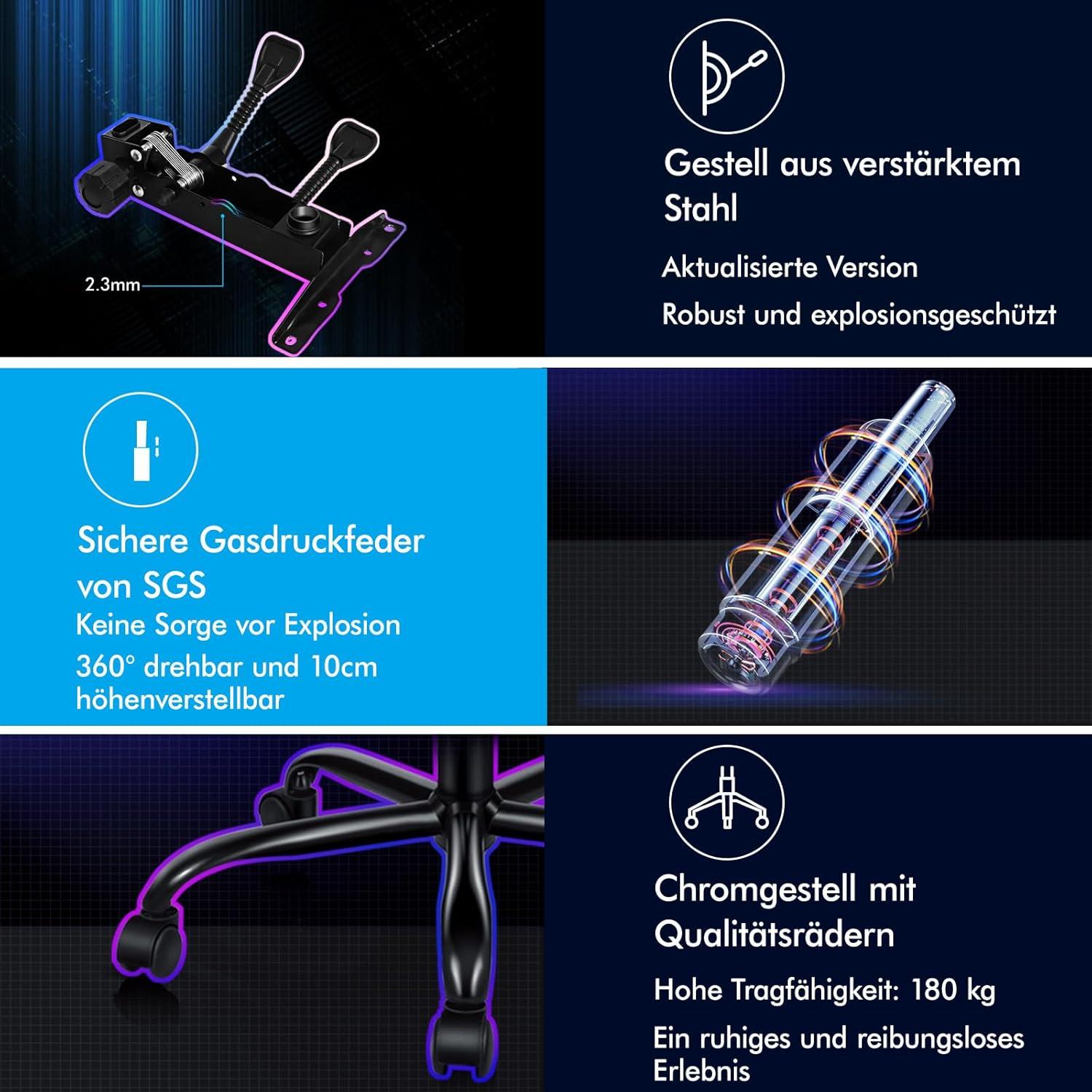 Ergonomischer Gaming-Stuhl mit Massage, höhenverstellbar, PU-Leder, Blau
