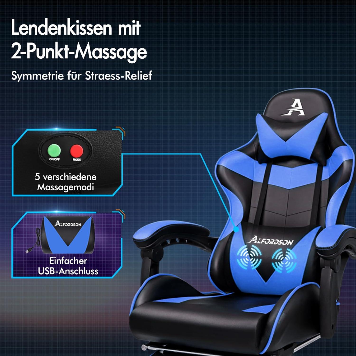 Gaming-Stuhl ergonomisch mit Massage, Fußstütze, höhenverstellbar 180