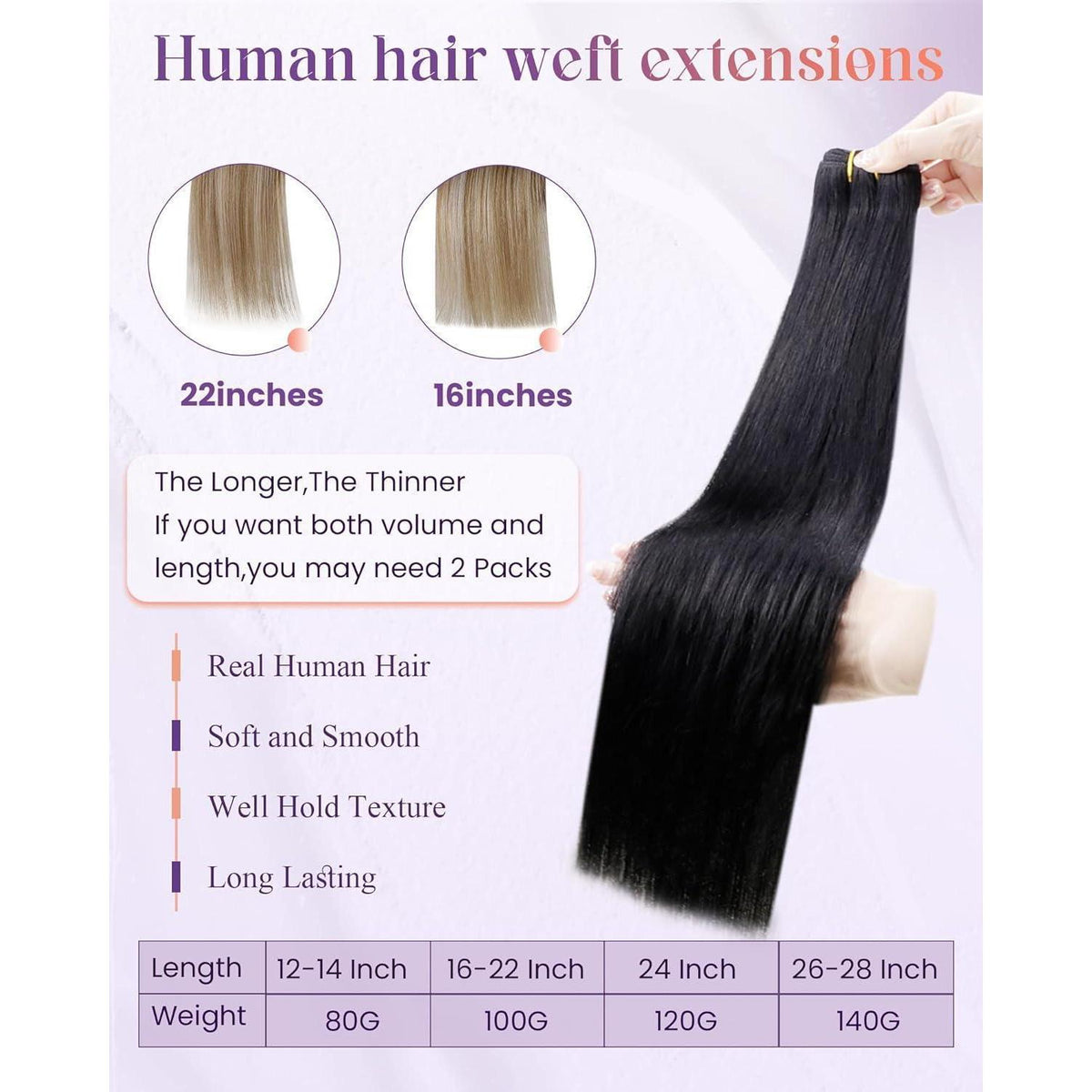 Echthaar Tressen Schwarz 65cm zum Einnähen - Remy Haar