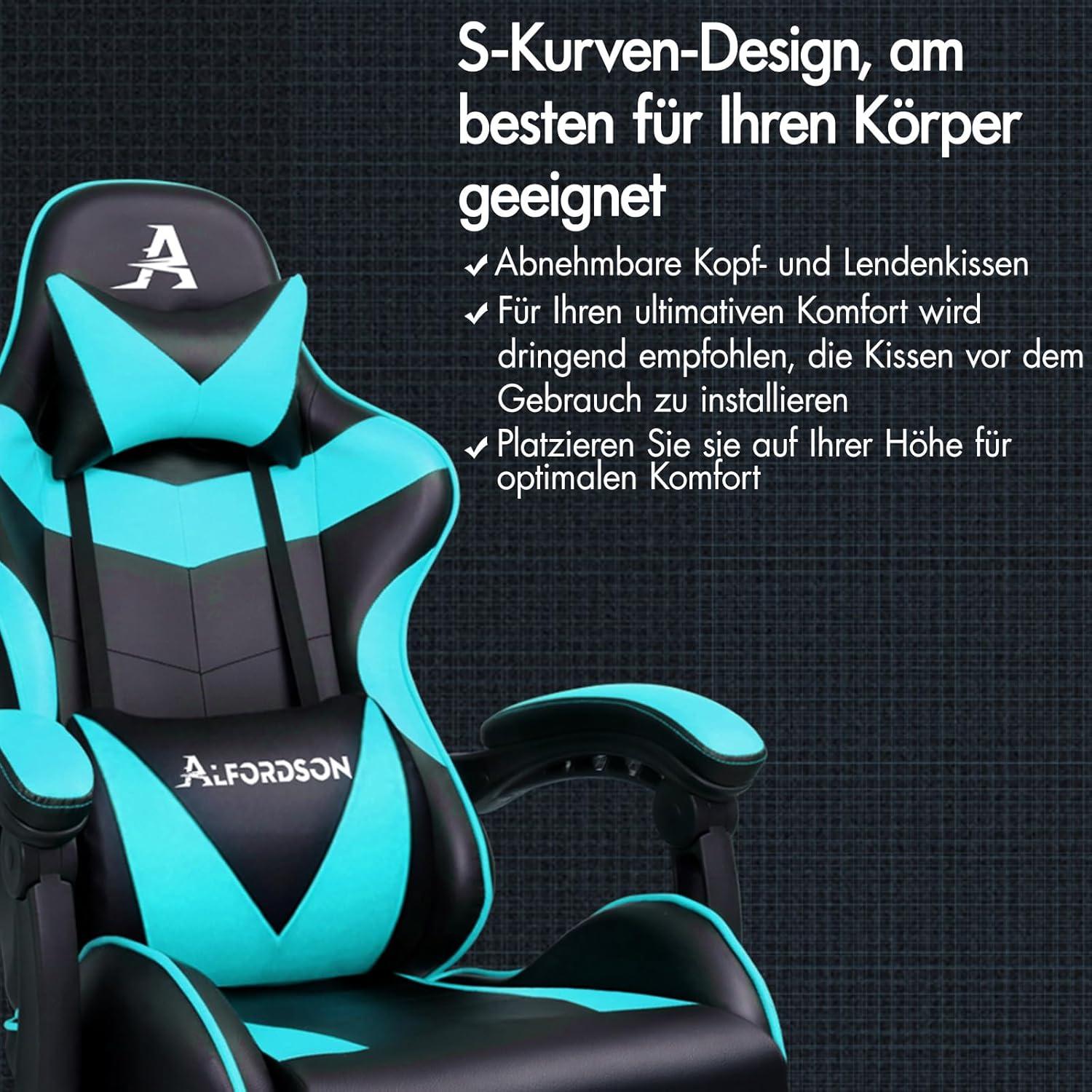 ALFORDSON Videospielstuhl ergonomisch Massage Bürostuhl einziehbare Fußstütze Cyan