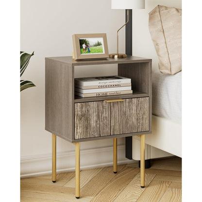 Nachttisch Grau mit Schublade und Ablage, Modern & Boho