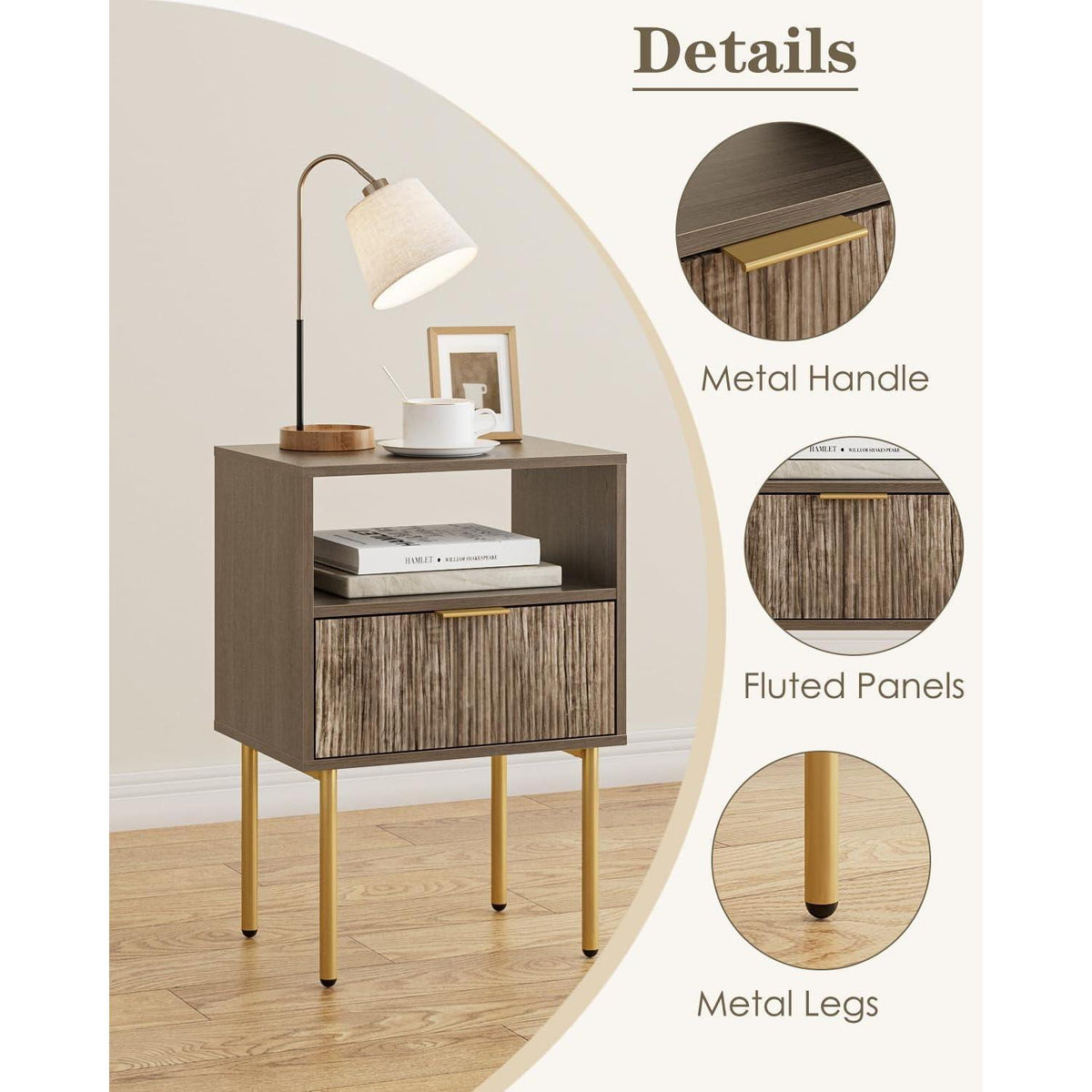Nachttisch Grau mit Schublade und Ablage, Modern & Boho