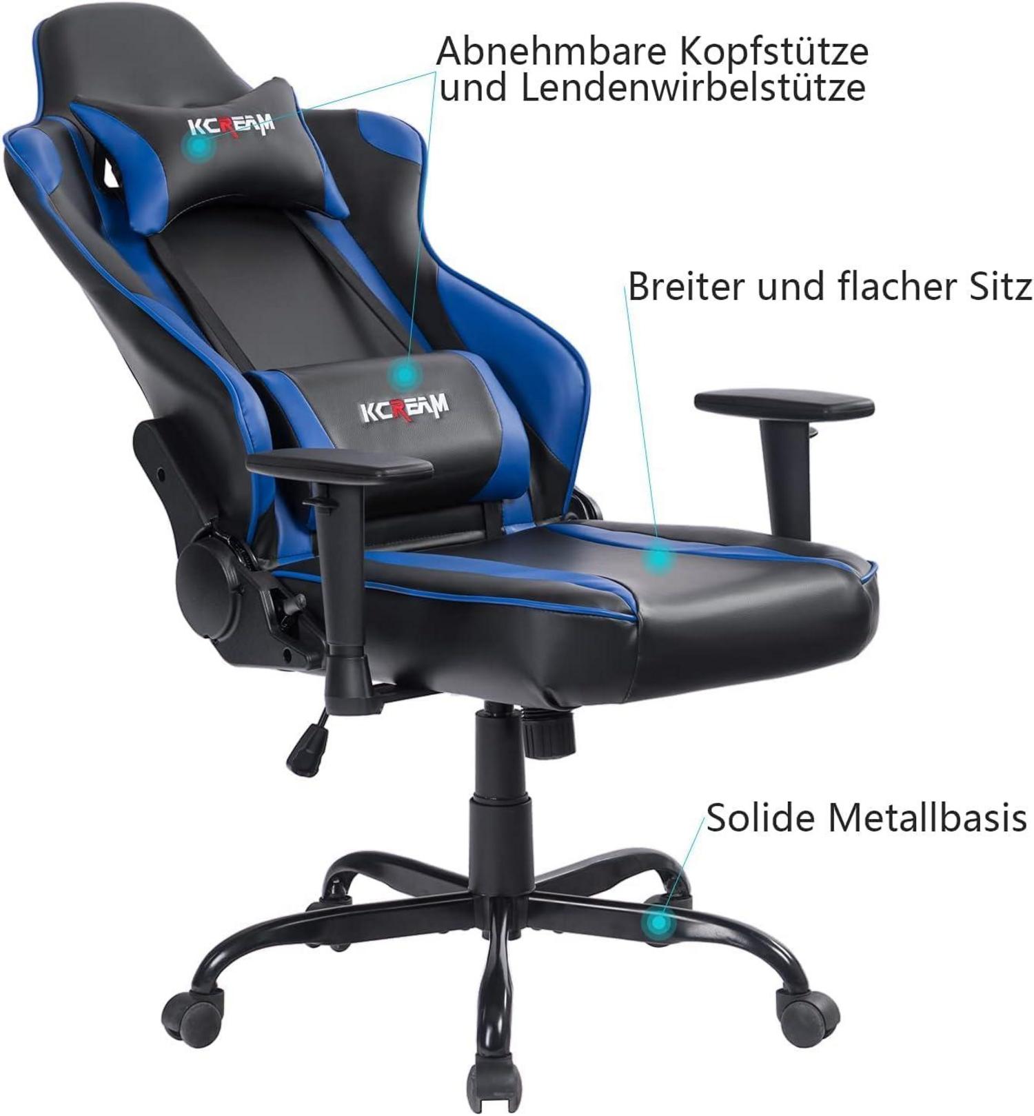 KCREAM Gaming Stuhl mit Fußstütze und ergonomischem Design, Racing PU Leder, Blau