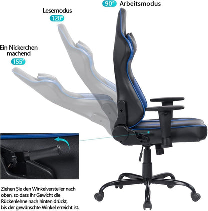 Gaming Stuhl mit Fußstütze Racing Chair PU Leder Blau