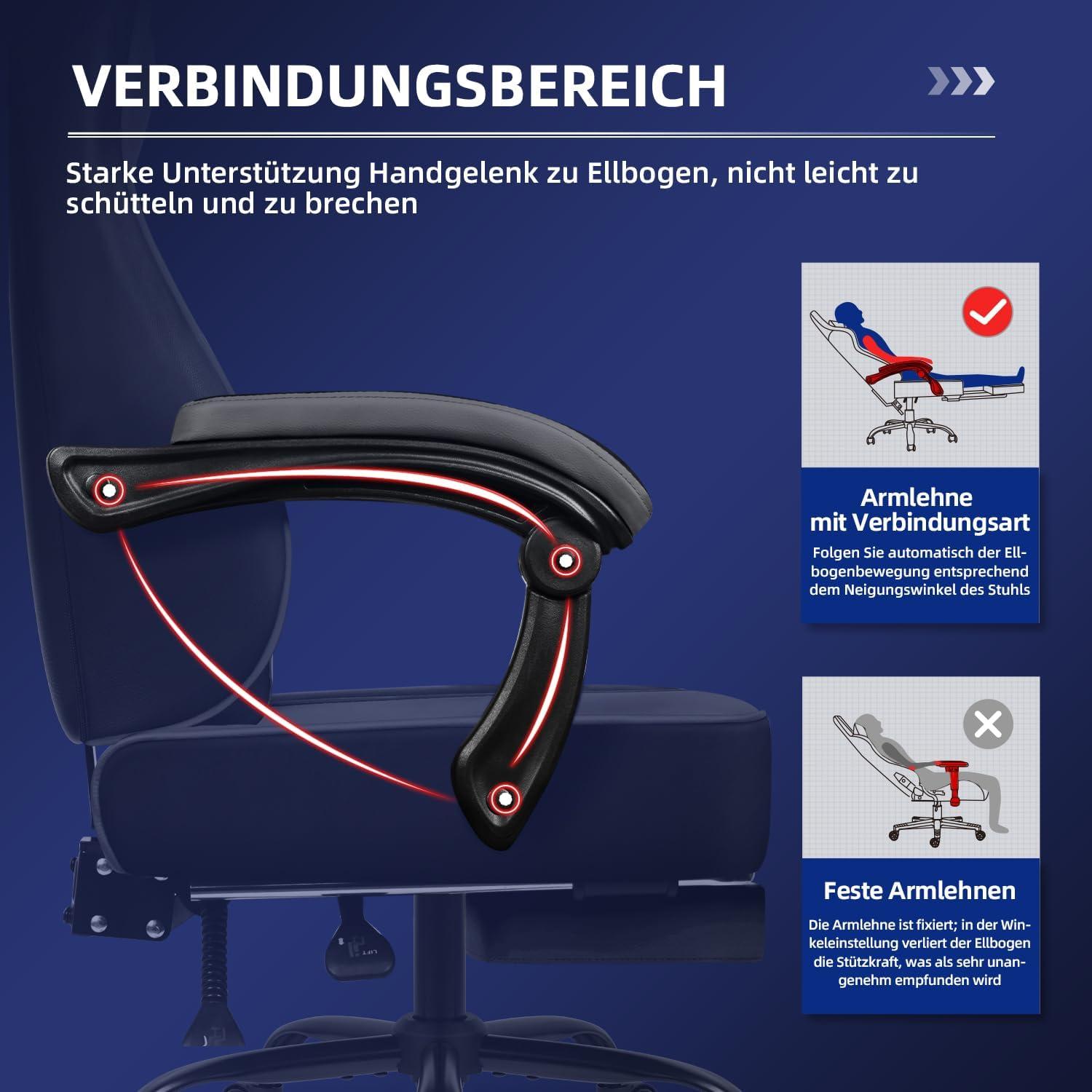 Gaming Stuhl Bürostuhl Ergonomisch mit Fußstütze und Kopfstütze Grau 150 kg