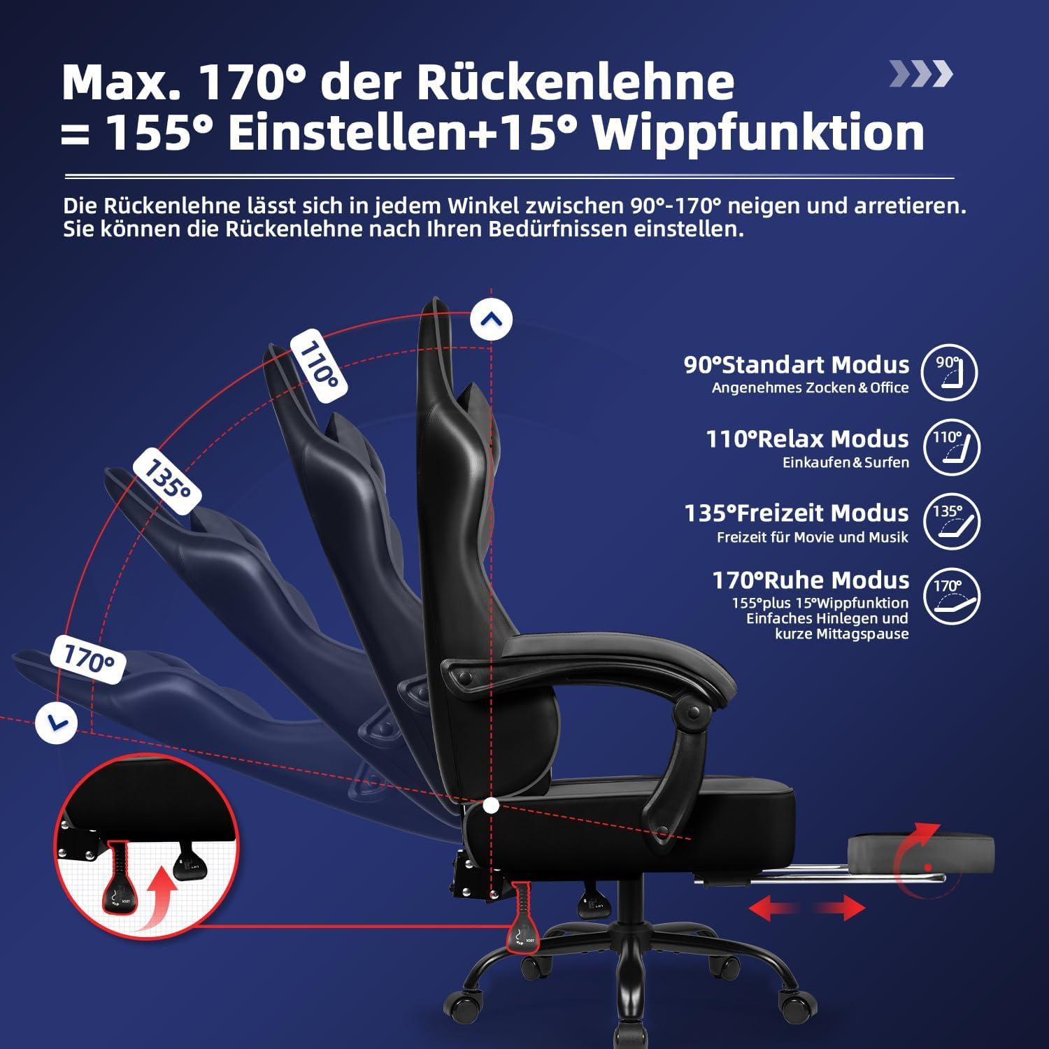 Grauer Gaming Stuhl Bürostuhl Ergonomisch mit Fußstütze und Kopfstütze