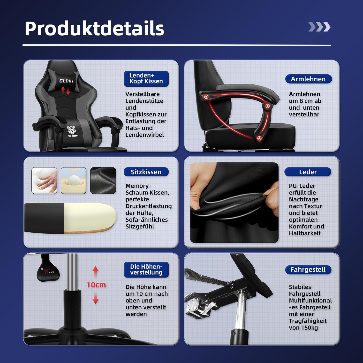 Gaming Stuhl Bürostuhl Ergonomisch mit Fußstütze Grau