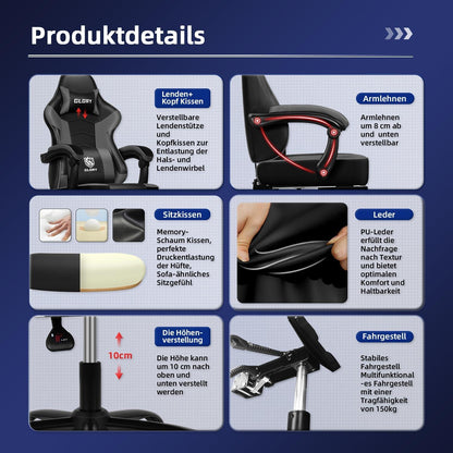 Gaming Stuhl Bürostuhl Ergonomisch mit Fußstütze Grau