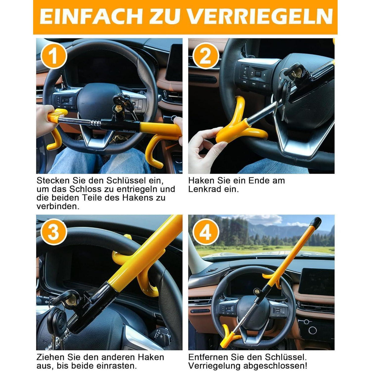 Lenkradschloss mit 4 Haken – Schweres Diebstahlschutz für Autos