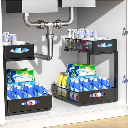 Ausziehbarer Spülschrank Organizer, 2 Etagen, Schwarz, 31cm Breit