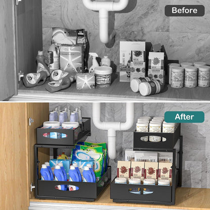 Ausziehbarer Spülschrank Organizer, 2 Etagen, Schwarz, 31cm Breit